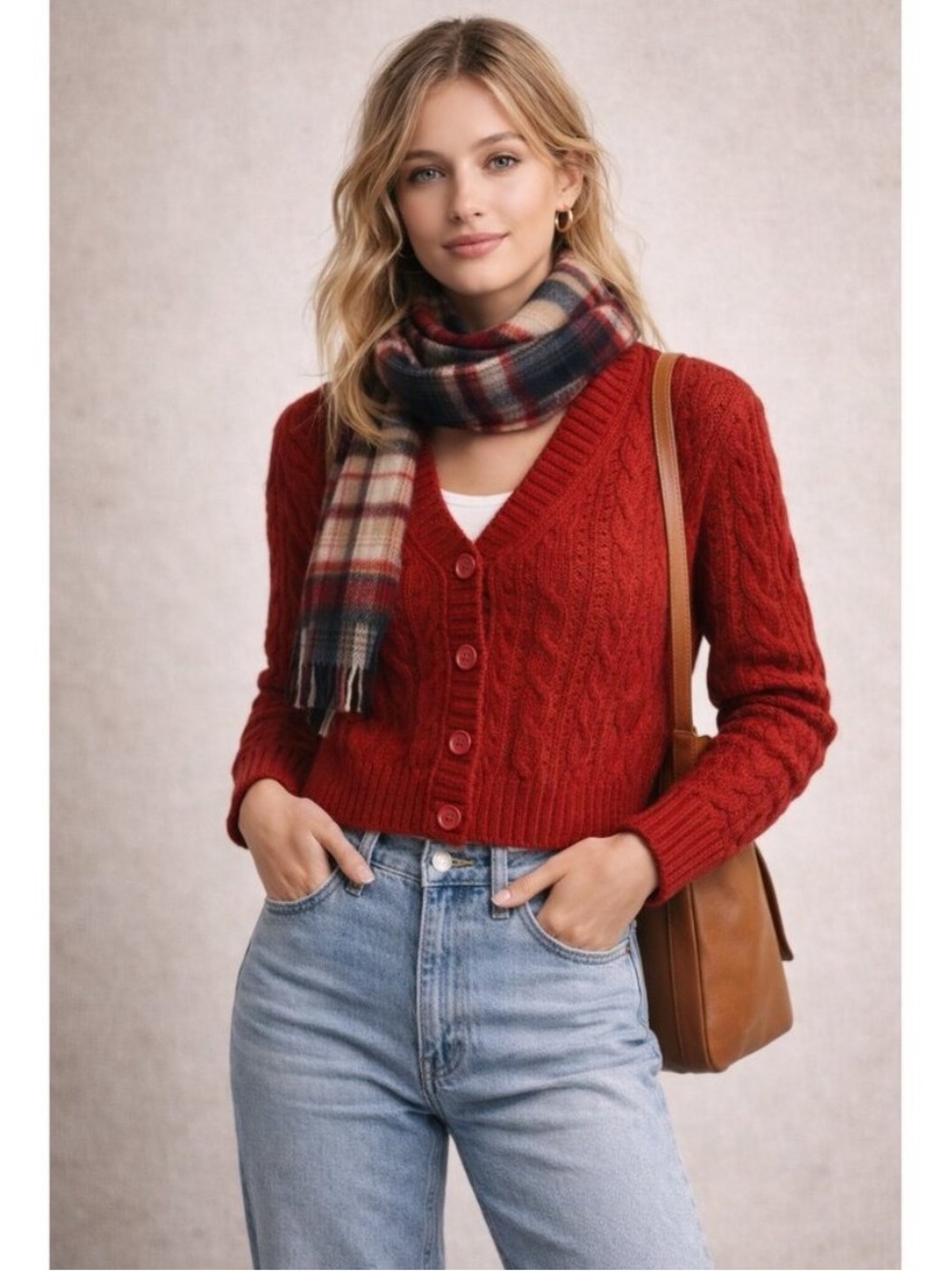 American Eagle Cropped Cable-Knit Button Cardigan Sweater - Red, Medium
